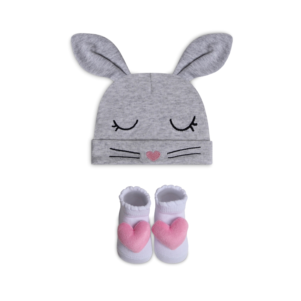 Mother's Choice 2-Pc Cotton Newborn Baby Hat and Socks Set (Grey Mousey)